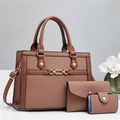 Three-piece brown tote bag set with woven texture and gold chain link decoration - Earthy Yellow