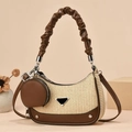 Chic woven hobo bag with brown leather trim and crescent moon shape for women - Khaki