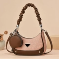 Retro beige woven shoulder bag with brown leather trim and scrunchie strap - Khaki/Earth Yellow