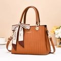 Caramel brown women's large capacity tote bag with wave pattern and silk scarf handle - Khaki/Earth Yellow
