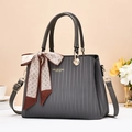 Large dark grey pleated tote bag with decorative scarf and adjustable shoulder strap - Gray