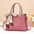 Elegant mauve pink large capacity handbag with vertical stripes and floral scarf decoration - Pink