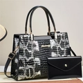 Elegante borsa a mano con motivo serpente bianco e nero e pochette a busta coordinata - Nero