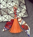 Orange leather tassel keychain with printed silk scarf and gold metal ring accessory - 18cm / Orange Tassel