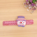 Detail of pink Christmas slap bracelet with shiny sequins and a plush snowman decoration - T1-26 Non-glowing Snowman Sequin