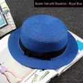 Elegant royal blue flat top straw hat with a black ribbon bow for women's sun protection - M / Flat Top With Bow / Royal Blue