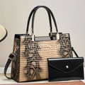 Ensemble sac à main pour femme motif serpent et portefeuille en cuir verni noir - Khaki