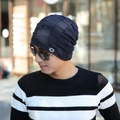 Men's navy blue knitted beanie with checkerboard pattern and woven star patch - Navy Blue (Fleece Lined)