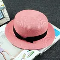 Chic pink straw flat top hat with black bow ribbon for summer beach sun protection - M / Flat Top Plain / Pink