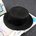 Elegant black flat top straw hat with a matching black ribbon bow for women - M / Flat Top Plain / Black