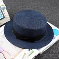 Navy blue boater straw hat with black ribbon bow and vintage wide brim design - M / Flat Top Plain / Navy Blue