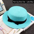 Flat top straw sun hat in lake blue with black ribbon bowtie for summer beach wear - M / Flat Top Plain / Lake Blue