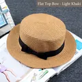 Classic flat-top boater straw hat in light brown with a black ribbon bow decoration - M / Flat Top Plain / Light Coffee