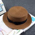 French style dark coffee flat top straw boater hat with black ribbon and side bow - M / Flat Top Plain / Dark Coffee