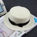 Classic cream white boater hat with black ribbon bow for summer beach sun protection - M / Flat Top Plain / Milk White