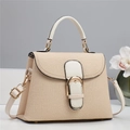 Elegant beige straw texture handbag with cream leather handle and gold horseshoe buckle - Apricot