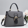 Elegant retro canvas and leather tote bag with gold horse-bit buckle in grey and black - Black