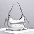 Silver metallic crescent moon hobo bag with adjustable strap and chain detail - Silver