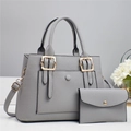Minimalist grey litchi leather tote bag with matching pouch and gold buckles set - L30xW13xH22 Handle 14cm / Bag and Pouch / Gray