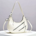 Borsa a mezzaluna bianco sporco alla moda con cerniere parallele e catena metallica - Bianco