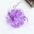 Detail of purple feather hair clip with fabric flowers and beads on white wood - Light Purple