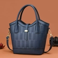 Navy blue embossed bucket bag with vertical pattern and detachable golden shoulder strap - L20 W12 H23 / Blue
