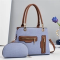 Borsa tote in denim blu con finiture in pelle marrone e set di pochette coordinato - Blu
