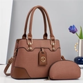 Classic caramel brown twill textured tote bag with matching pouch for daily commute - Earthy Yellow