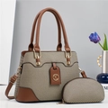 Elegant canvas tote and pouch set with brown leather trim and golden K pendant - Green