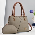 Beige woven texture tote bag set with brown leather handles and gold K logo detail - Green