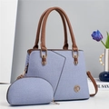 Bolso tote denim azul con asas de cuero marrón y pequeña bolsa a juego incluída - Azul