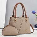 Conjunto de bolso tote de lona tejida caqui y neceser con ribete de cuero marrón y herrajes K - Caqui