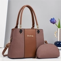 Two-piece brown patchwork tote and pouch set with woven texture and leather details - Brown