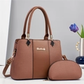 Women's brown faux leather tote and matching coin purse set with woven texture detail - Earthy Yellow