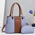 Denim and brown leather shoulder bag set for women with adjustable strap and logo - Blue