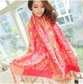 Coral red bohemian scarf with vintage floral patterns and handmade fringe tassels - Rose Red / 2.00cm