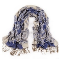 Sciarpa boho beige con jacquard floreale blu e bordi con nappe marroni decorative - Blu Reale