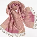 Bohemian floral jacquard shawl with grape pattern and long fringes in pink and beige - Dusky Pink / 2.00cm