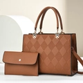 Brown quilted leather tote bag set with matching wallet on a minimalist white background - Earthy Yellow