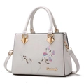 Weiße Handtasche aus Leder mit bunter Blumenstickerei und goldfarbenen Details - Cremeweiß