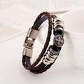 Dark brown leather multilayer bracelet featuring vintage silver cross charm and metal beads - Round Cross Coffee