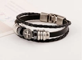 Multi-layer black braided leather bracelet with silver cross bead and metal clasp - Round Cross Black