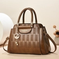 Brown PU leather handbag with woven texture and Fashion Queen logo for autumn style - Dark Khaki