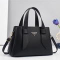 Classic black litchi texture handbag with gold triangle plate and detachable shoulder strap - Black