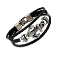 Men's retro anchor bracelet with black braided leather and silver metal beads - Three Beads Black Leather