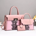 Pink faux leather 3-piece bag set with snakeskin panels including tote and crossbody bag - Pink