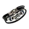 Navy style multi-layer braided leather bracelet with silver anchor pendant and blue beads - Antique Tin Anchor Black Leather