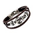 Brown braided leather multilayer anchor bracelet with antique silver nautical charm - Three Beads Brown Leather