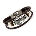 Retro punk multi-layer brown braided leather anchor bracelet with vintage metal clasp - Antique Tin Anchor Brown Leather