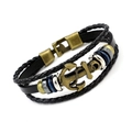 Retro multi-layer leather bracelet with bronze anchor charm and colorful beads - Bronze Anchor Black Leather